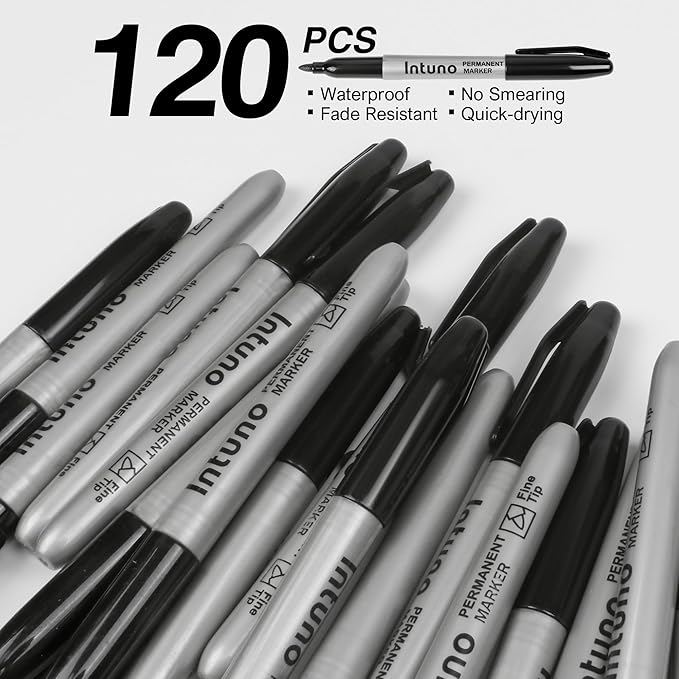 INTUNO Permanent Markers, 120 Count Black, Fine tip, Oil-Based Permanent Markers, Waterproof and Fade-Resistant, for Paper, Wood, Metal, Glass and More