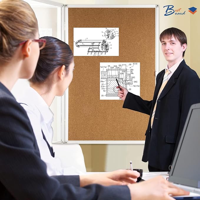 BEST BOARD Pinboard Enclosed Bulletin Board 36 x 24 Inch Lockable Cork Noticeboard for School Office, Wall Display Case with Lock (Cork Board)