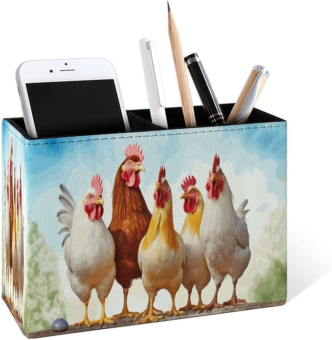 Famame Chicken Roosters Farm Animals Pencil Holder for Desk, Leather Desktop Container Pen Cup Storage Study Table Pen Organizer Makeup Brush Holder for Classroom Office Home