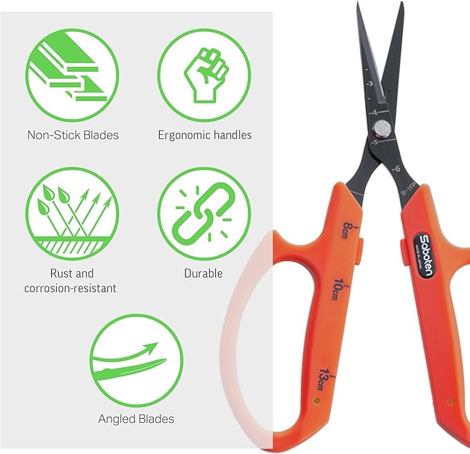 Saboten Fluorine Coated Angled Blade Trimming Scissors Orange PT-2 160mm Precision Gardening Bonsai and Floral Shears Made in Japan