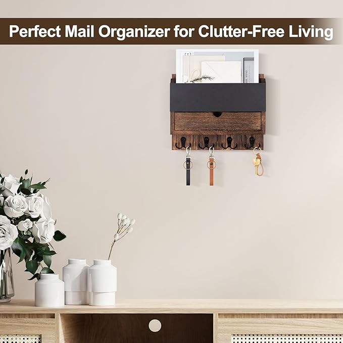 Lucundm Mail and Key Holder Wall Mount with Storage Drawer – Modern Wooden Mail Organizer for Wall Entryway, 7 Key Hooks & Chalkboard Panel – Stylish Home Decor for Apartments, Living Room, Office