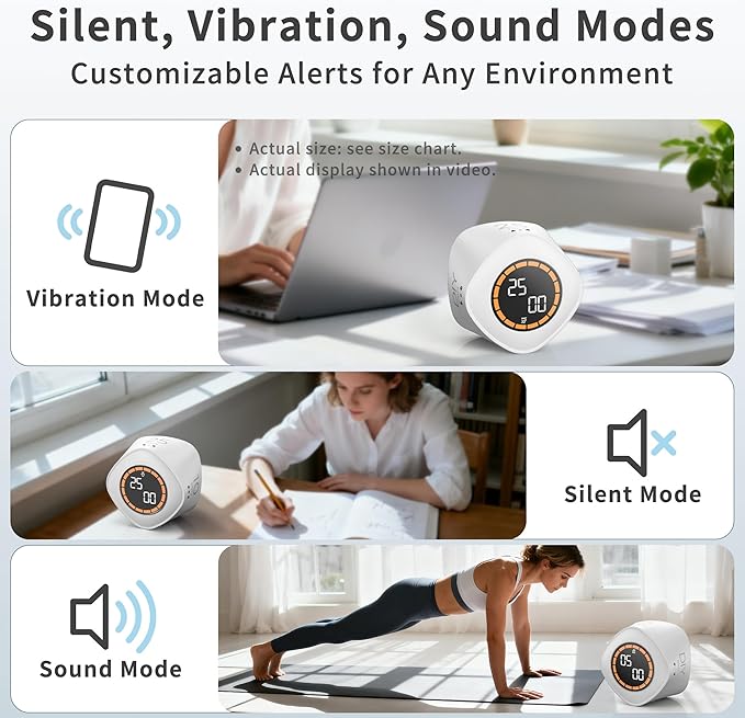 VEWINGL Cube Productivity Timer, 5/10/25/DIY Min Presets + Count-Up Mode, Time Display & Alarm Clock, Sound/Vibrate/Silent Alerts, Pause & Resume, Desk Timer for Work, Study, Kitchen (White)