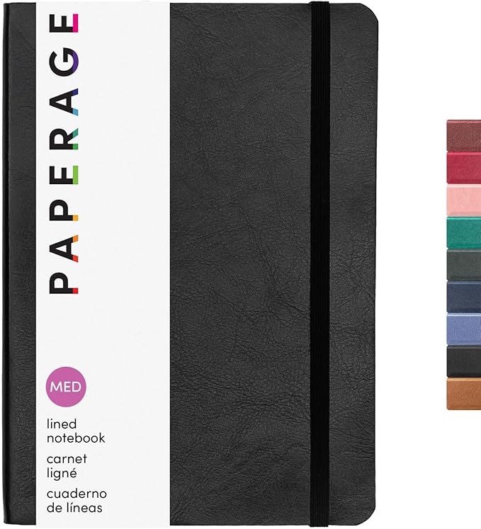 PAPERAGE Softcover Lined Journal Notebook (Black), 160 Pages, Medium College Ruled Notebook, 5.6 inches x 7.9 inches - 100 GSM Thick Premium Paper, Soft Vegan Leather Journal for Home, Work & School