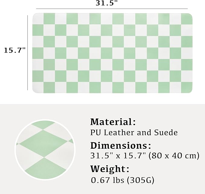 Ohocut Checkered Desk Mat, 31.5" x 15.7" Large Cute Sage Green Aesthetic Retro Accessories PU Leather Computer Laptop Desk Mat, Mouse Keyboard Pad, Desk Writing Makeup Mat for Vanity/Work/Home Decor