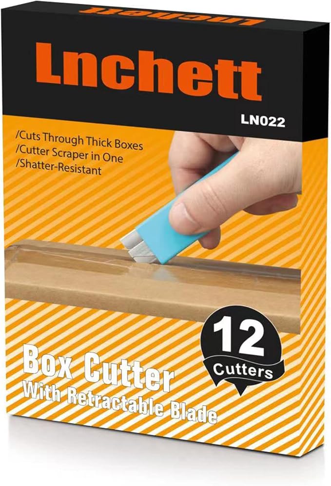 Lnchett Box Cutter, 12-Pack Retractable Cardboard Mini Box Cutter for Packages, Boxes and Paper, All Metal Tough Sheath, Functional Basic Cutter with Case, Lock Ball Design