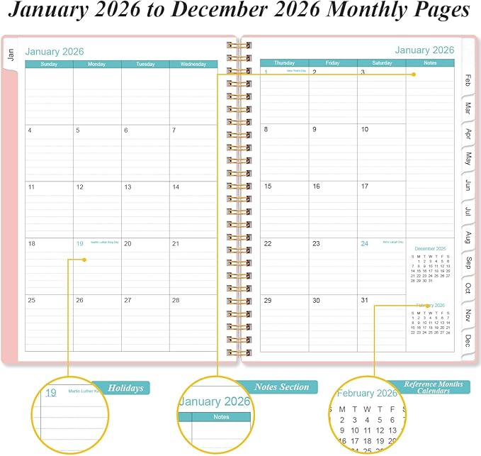 2026 Planner - Planner 2026 from January 2026 - December 2026, Weekly & Monthly Planner Spiral Bound with 12 Monthly Tabs, Inner Pocket, 6.4" x 8.5", Pink-A