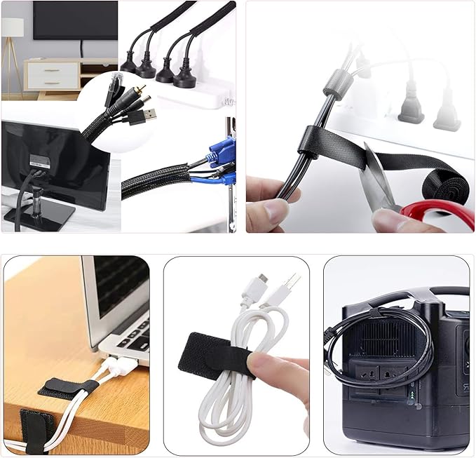 189PCS Cable Management Kit, 6 Cable Sleeve40 Cable Clips with 11Cord Holders, 2 Roll Self Tie, 10 Self Adhesive Cord Organizer, 100 Fastening Cable Ties,10 Cable Zip Tie Mounts