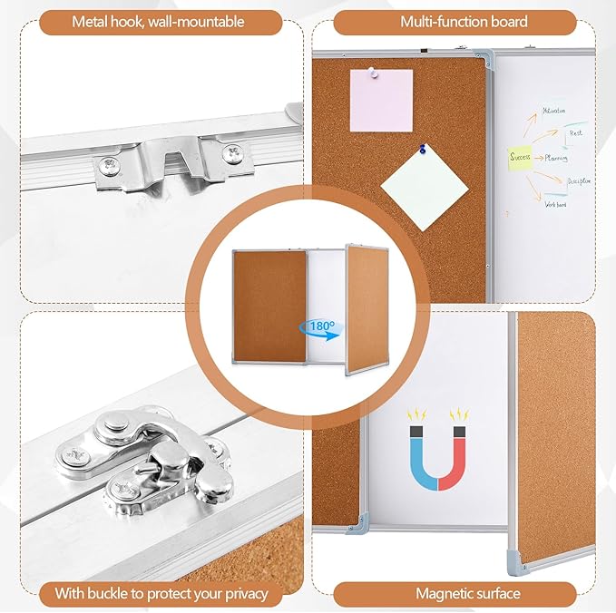 Mooliwe 60"x40" Tri-fold Cork Board Whiteboard Combo, Foldable Combination Magnetic Dry Erase Bulletin Board & Corkboard with Aluminum Frame Wall Mounted for Home, Office and School(Wood)