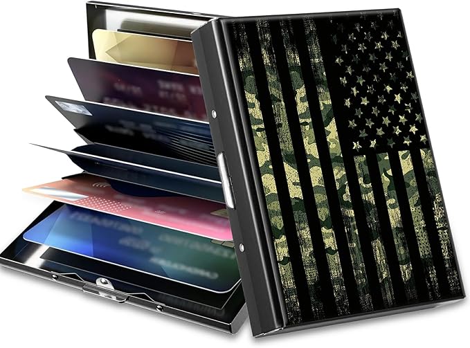 Slim Credit Card Holder, Military Camouflage American Flag RFID Blocking Metal Wallet for Men & Women, Aluminum Minimalist Hard Case Pocket-Sized Business Cards Organizer (Fits Up to 10 Cards)