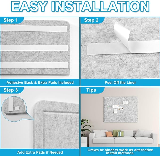 Large Felt Bulletin Board for Wall, 24"x18" Frameless Picture Board, Soft Felt Cork Board for Office, Home Planning & Office Wall Decor, Easy Install Pin Board