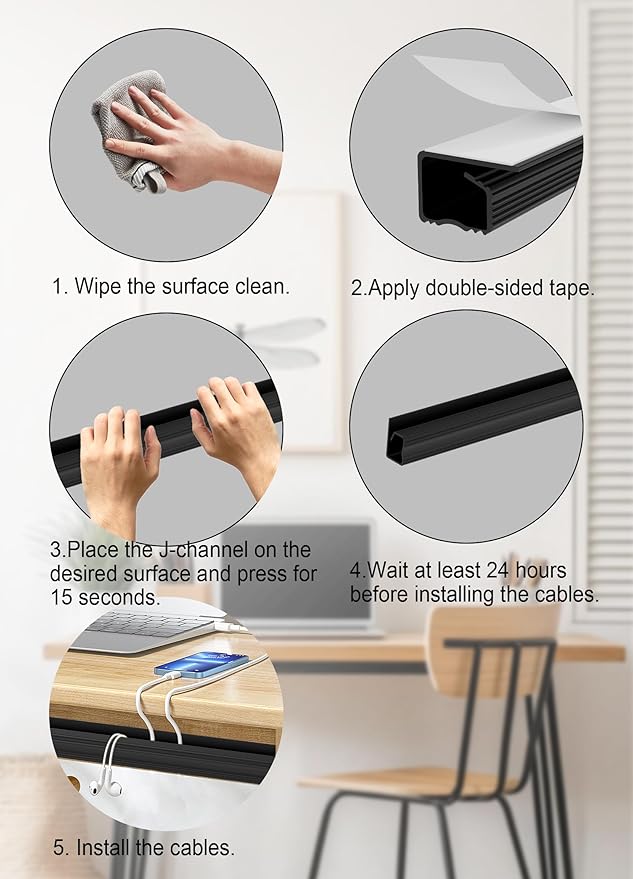 Under Desk Cable Management - Adhesive Cable Organizer for Home & Office, No-Drill Cord Management System, J Channel Cable Raceway for Desk, 6 Pack