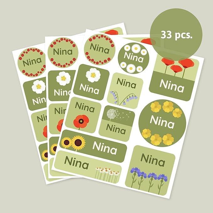 Large Name Labels for Kids (33) - Custom Stickers for Daycare and School Supplies - Durable, Waterproof Stickers for Water Bottles, Lunch Boxes, and More with Unique Designs - Flora