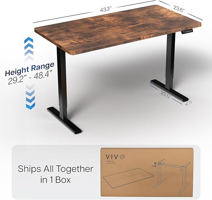 VIVO Electric 43 x 24 in Standing Desk, Memory Height Adjustment, 1B Series, Holds 220 lbs, Rustic Vintage Brown Top, Black Frame, DESK-1B4N