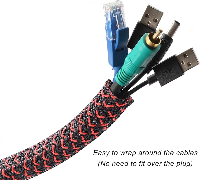 CrocSee 10ft - 1/2 inch Braided Cable Management Sleeve Cord Protector - Self-Wrapping Split Wire Loom for TV/Computer/Home Theater/Engine Bay - Black/Red