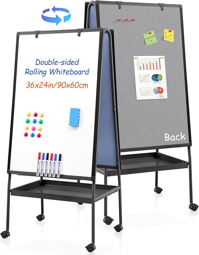 MAKELLO Rolling Whiteboard on Wheels 36x24 in, Double-Side Standing White Board Grey Bulletin Board Combo with Storage Tray for Office Classroom Commerce, Height Adjustable, Aluminum Frame, 3'x2'