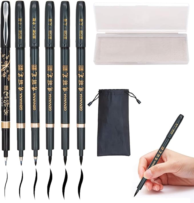 Rilanmit Hand Lettering Pens, Refillable Calligraphy Pens Brush Marker Pens Set Black, 4 Size for Writing, Painting, Drawing, Pack of 6
