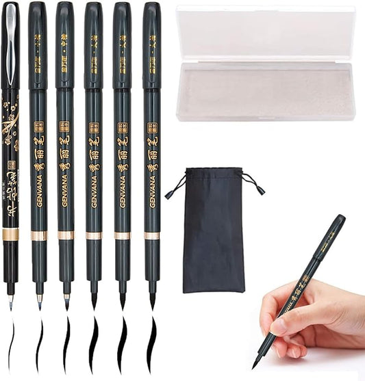 Rilanmit Hand Lettering Pens, Refillable Calligraphy Pens Brush Marker Pens Set Black, 4 Size for Writing, Painting, Drawing, Pack of 6