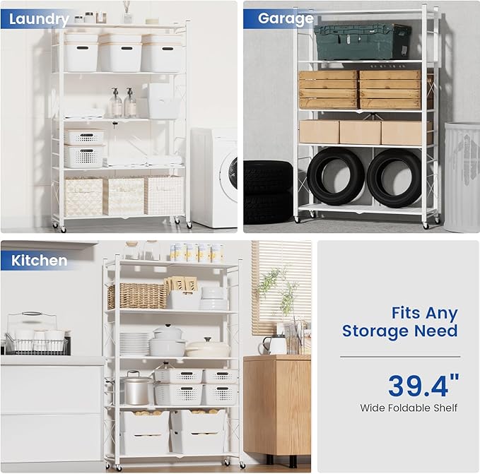 ALANNG 40" W Foldable 5-Tier Storage Shelves with Wheels, Adjustable & Removable Metal Rack, Heavy Duty Rolling Organizer for Kitchen, Garage, Closet, Pantry, and Office (White,4 Pack)