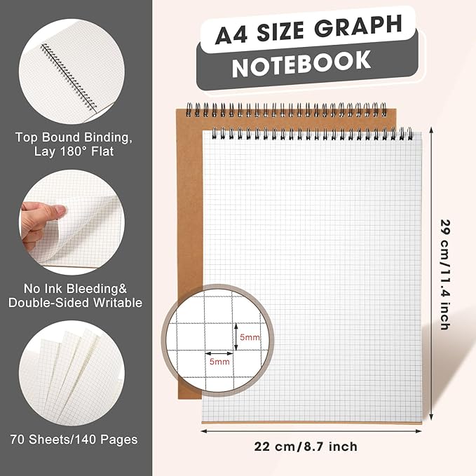 Engrowtic 2 Pack Top Spiral Graph Paper Notebooks 8.7 X11.4 Inch A4 Grid Paper Notepad 70 Sheet Memo Steno Pad for Engineering Writing Sketching Drawing School Office Supplies (Kraft)