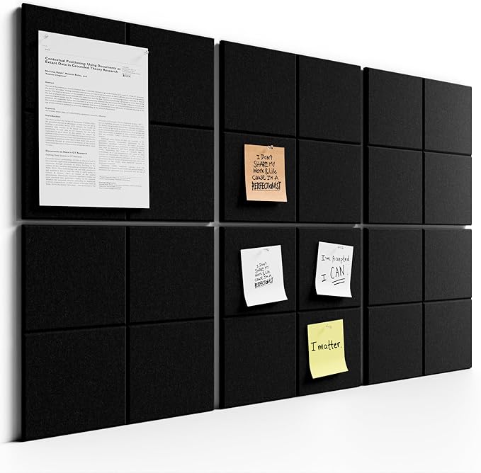 Bumusty Large Cork Board Alternative-36 x24 Felt Bulletin Board Tiles, with 30 Pushpins, 40 Adhesive Tabs, 6-Pack Slat Wall Paneling, Cork Boards for Office Push Pin Board Felt Board-Black