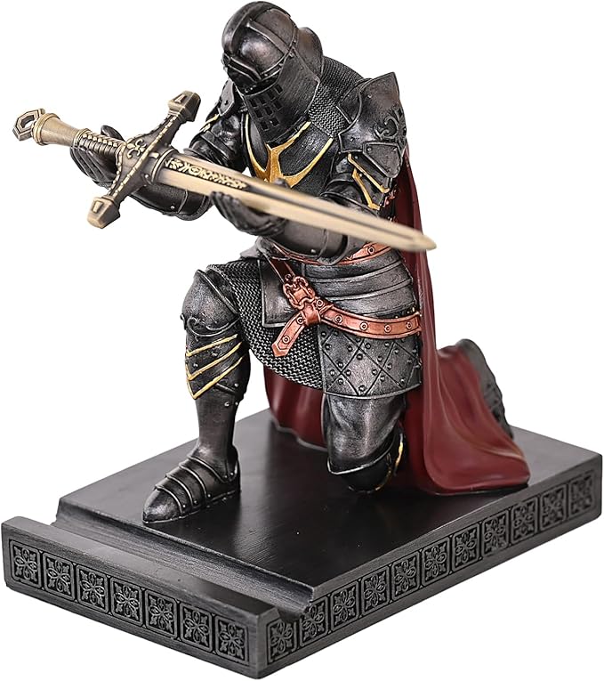 HDMbigmi King's Guard Leader Cloak Warrior Knight Pen Holder Mobile Phone Stand, Ornament Knight Statue, Pen Stand Paperweight for Office and Home (Iron)