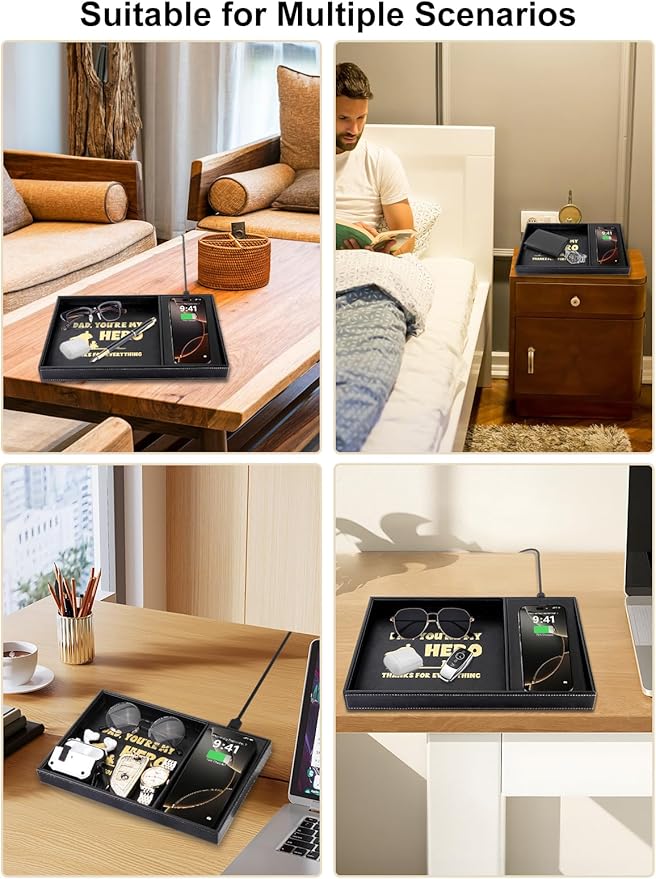 Gifts for Dad Valet Tray, Built-in Wireless Charger, Nightstand Organizer, Dresser Organizer, Mens Jewelry Box, Valet Charging Station, Gifts for Dad from Daughter Son Wife, Black
