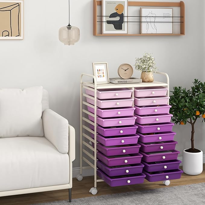 Happygrill 20-Drawer Organizer Cart Tools, Mobile Utility Storage Cart with Removable Drawers & Lockable Wheels, Rolling Storage Cart with wheels for Home Office School (Purple Gradient)