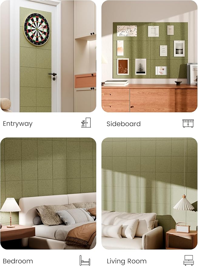 Bumusty Large Cork Board 47"x35" Alternative - 12 Pack Felt Wall Tiles with 70 Safe Removable Adhesive Tabs, 30 Pushpins, Cork Boards for Walls Pin Board Bulletin Board Office Decor (Olive Green)