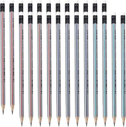 M&G Signal Series 24 Pack 2B Triangular Wood-Cased Pencils, Pre-Sharpened with Erasers, 3 Two-Tone Striped Colors Bulk Pencils for School Office Drawing Classroom Supplies