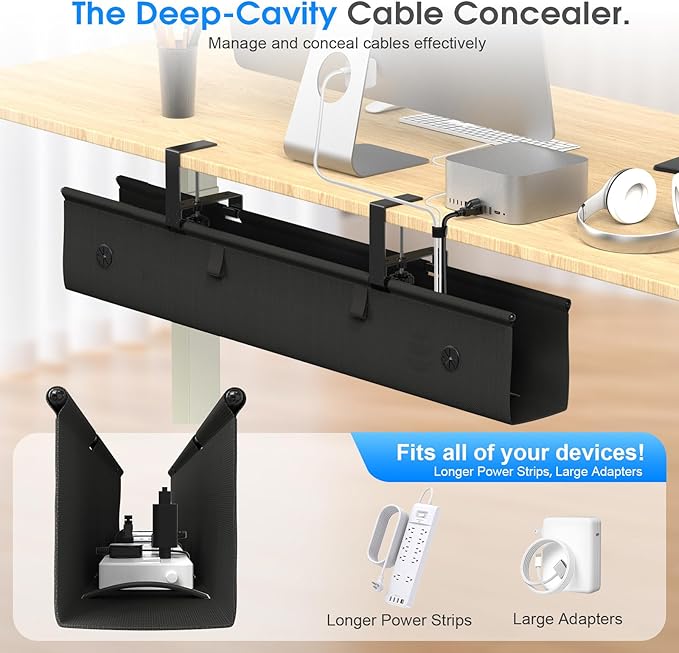 KIGJU Under Desk Cable Management Tray, 40-inch No-Drill Cord Organizer with Anti-Sag Reinforced Base, Fabric Wire Management Hider for Standing Desk, Office & Gaming Accessories - Black
