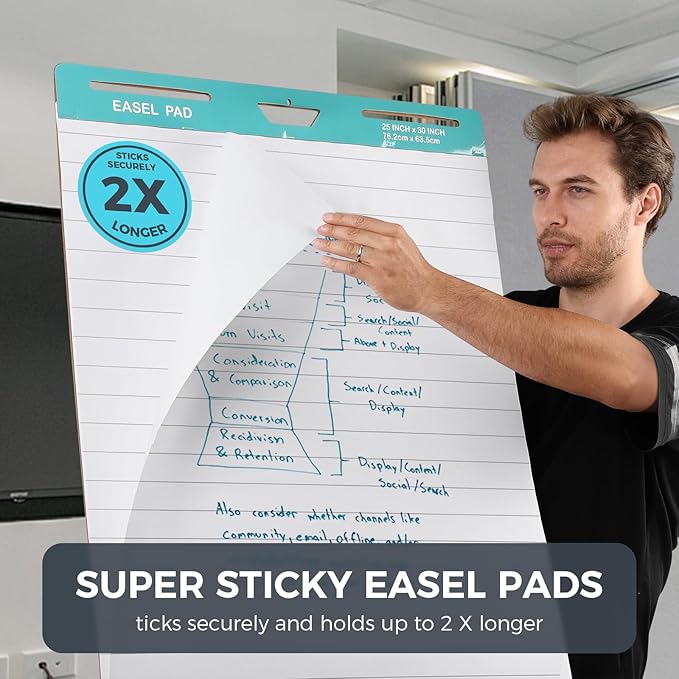 FAHKNS Lined Sticky Easel Pad，Large 25x30 Inch Self-Adhesive Teacher'S Flip Chart Paper, Easel Pad with Dry Erase Surface for Classroom/Office, White, 30 Sheets/Pad, 6 Pads/Pack