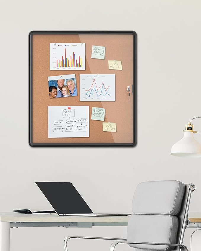 Mifuro 28"x26" Enclosed Bulletin Board, Lockable Weather-Resistant Aluminum Cork Noticeboard for School & Office, Black Frame w/Cork