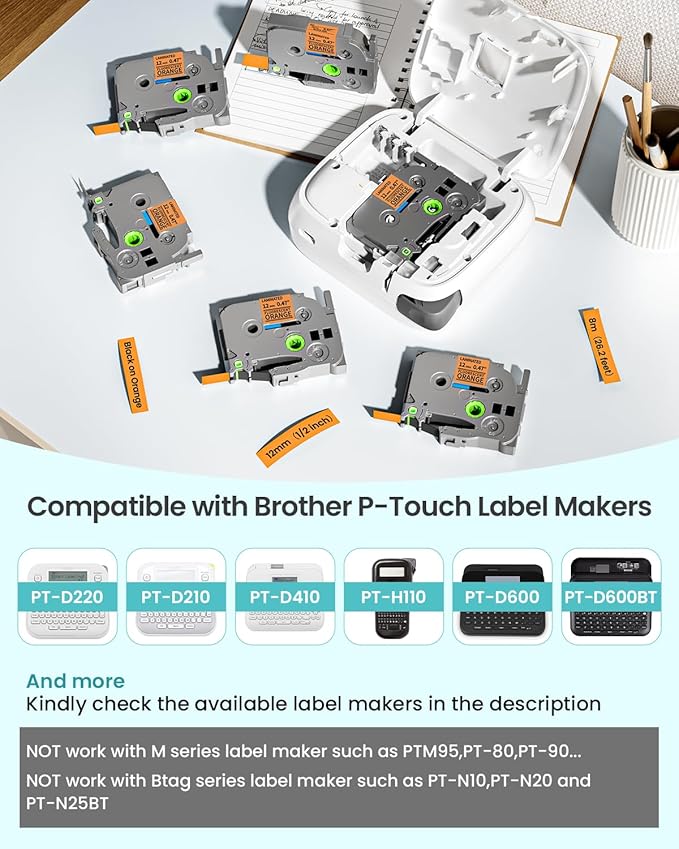 2-Pack Label Maker Tape 12mm 0.47" White Replacement for Brother P Touch Label Tape TZe-231 TZ-231, Compatible with Brother Ptouch PT-D210 PT-H110 PT-D220 PT-D400,Black on Orange