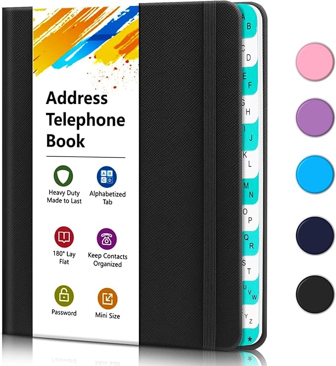 Address Book with Alphabetical Tabs, Portable Address Telephone Book, Hardcover Address Organizer and Password Keeper - Record Contacts, Anniversaries, Birthdays 6.1x4.7" – Black
