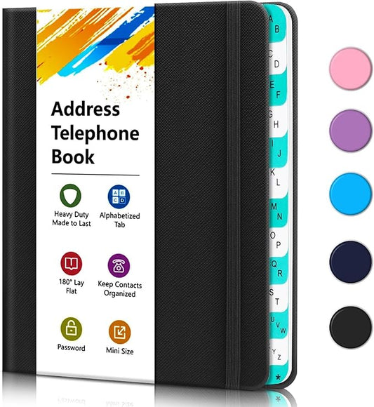 Address Book with Alphabetical Tabs, Portable Address Telephone Book, Hardcover Address Organizer and Password Keeper - Record Contacts, Anniversaries, Birthdays 6.1x4.7" – Black