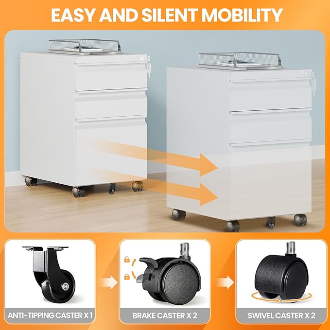 AFAIF 3 Drawer Mobile File Cabinet with Lock, Rolling File Cabinets for Home Office, Under Desk Small File Caninet on wheels, Metal Vertical White Filing Cabnet for Legal/Letter/A4 - Assembly Required