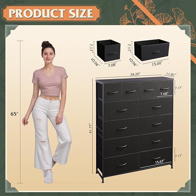 WLIVE Tall Dresser for Bedroom with 12 Drawers, Dressers & Chests of Drawers, Fabric Dresser for Closet, Living Room, Storage Dressers with Storage Drawers, Steel Frame, Wood Top, Charcoal Black
