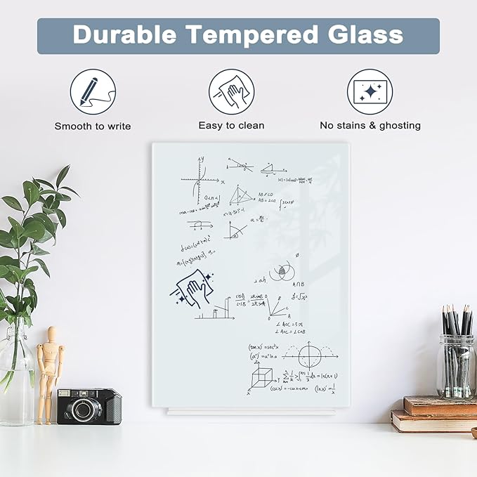 Magnetic Glass Whiteboard for Wall, 16" x 12" Glass Dry Erase Board, Large Frameless White Board for Home and Office - Normal White