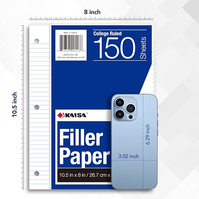 Kaisa3 Pack Notebook Paper College Ruled 3-Hole Punched Loose Leaf Paper 8x10.5 Lined Paper College Ruled Filler Paper for 3-Ring Binder Paper 150 Sheets/Pack (3 Pack-college) F15001C-3pk