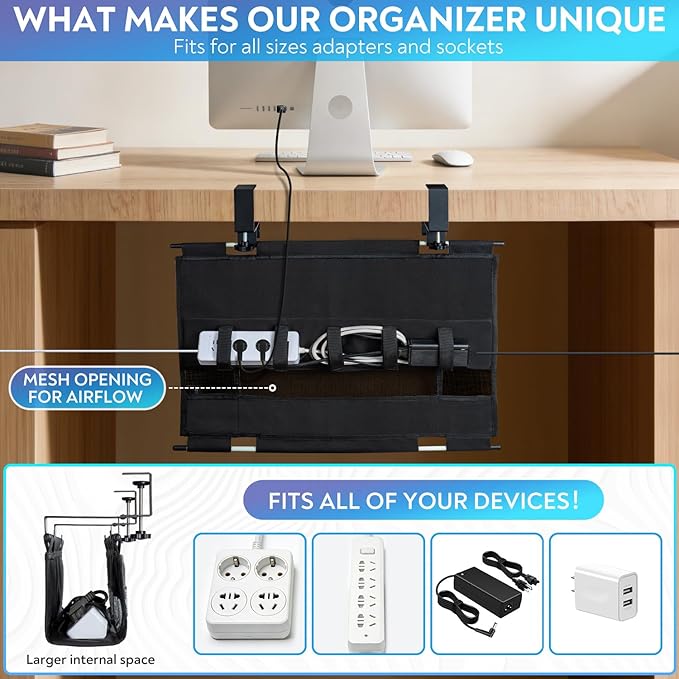 Under Desk Cable Organizer with Mesh Slot for Ventilation, Quick Mount with Clamp or Screws to Hold Fabric Cable Tray, Kit for Tidy Cord & Wire Management for Home Office Standing Desk