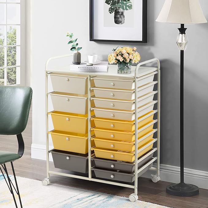 GLACER 15 Drawers Rolling Cart, Storage Cart with w/Removable Drawers & Steel Frame, Multipurpose Organizer Cart w/Sleek Handle, Utility Cart on Lockable Wheels for Home, School, Office (Yellow)