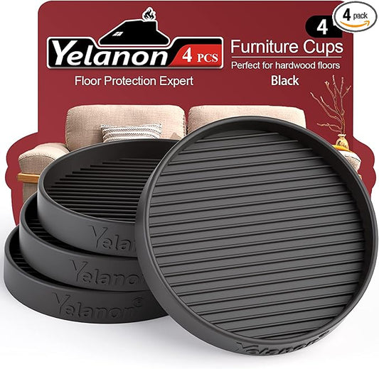 Furniture Coasters - 4 Pcs 4”Round Furniture Caster Cups - Non Slip Pads Hardwoods Floors Non Skid Furniture Grippers Rubber Furniture Feet Anti Slide Floor Protector for Bed Couch Stoppers Black