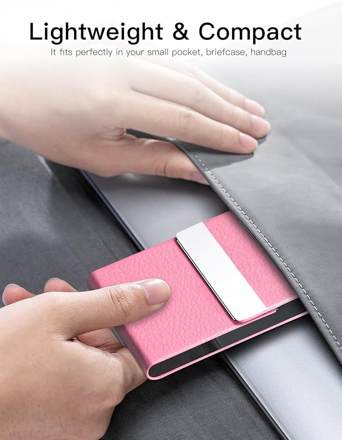 Padike Professional Business Card Holder PU Leather Business Card Case Name Card Holder Slim Metal Pocket Card Holder with Magnetic Shut (Pink)