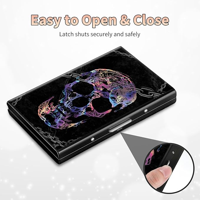 BWEGRHE Slim Credit Card Holder, Shackle Skull RFID Blocking Metal Wallet for Men & Women, Aluminum Minimalist Hard Case Pocket-Sized Business Cards Organizer (Fits Up to 10 Cards)