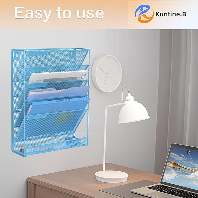 Kuntine.B 6-Tier Wall File Organizer Hanging File Organizer Cubicle Organizer Wall File Holder for Office Home (Blue, 6 Tier)