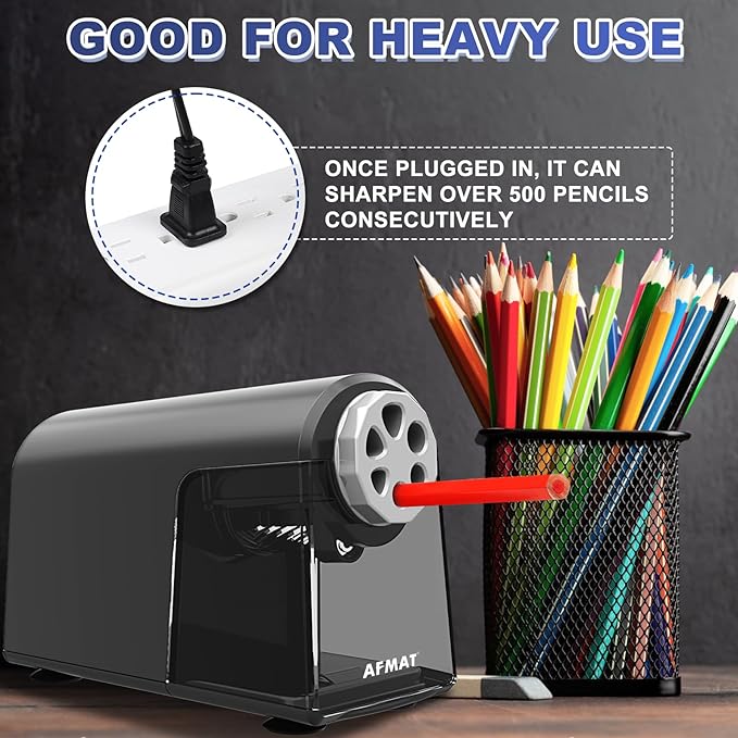 AFMAT PSX2 Electric Pencil Sharpener for Classroom, 6 Holes, Heavy Duty Pencil Sharpener for 6-11mm Pencils, Auto Stop, Save Pencils, School Teacher Must Have Pencil Sharpeners Plug in, Gray