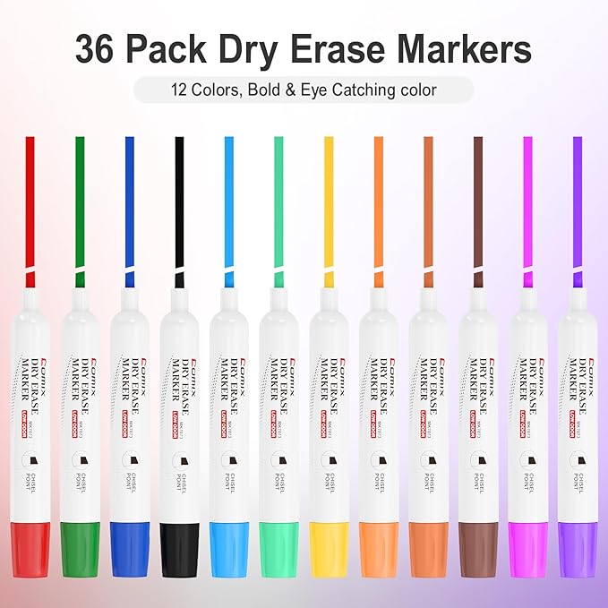 Comix Dry Erase Markers, Chisel Tip Whiteboard Markers, 36 Bulk 12 Assorted Colors Low Odor Markers for Classroom, Teachers, Office, School Supplies