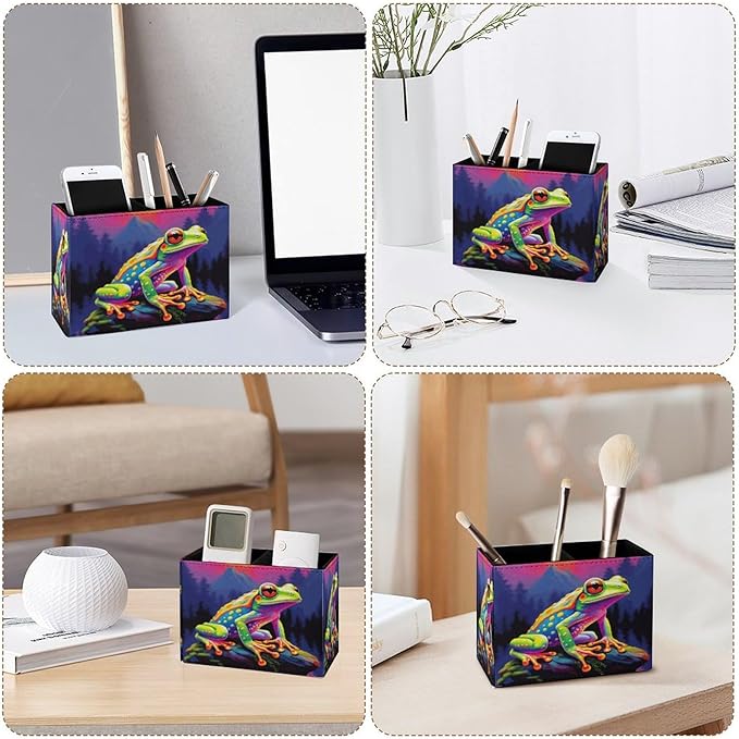 Famame Colorful Frog on Stone Pencil Holder for Desk, Leather Desktop Container Pen Cup Storage Study Table Pen Organizer Makeup Brush Holder for Classroom Office Home