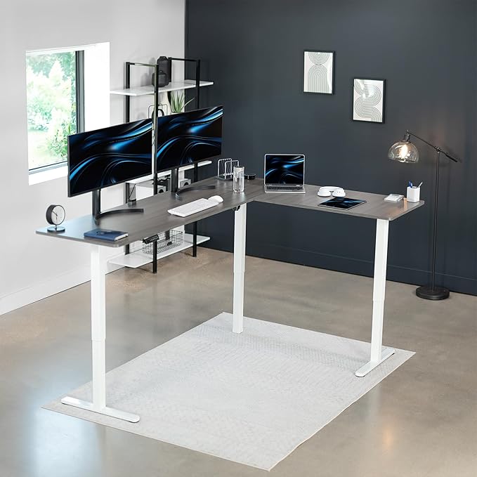 VIVO Electric Corner 84 x 63 inch L-Shaped Standing Desk, Memory Height Adjustment, Dark Gray Top White Frame, DESK-E3CTWG-84