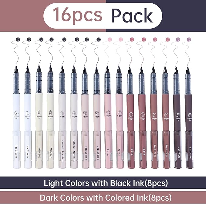 FUNFULL 16pcs Quick Dry Coffee Ink Rollerball Pens, 0.5mm Fine Point Colored Ink Gel Rubber Finish Smooth Writing Pens, Gifts for Women, Students, Teachers, Employees